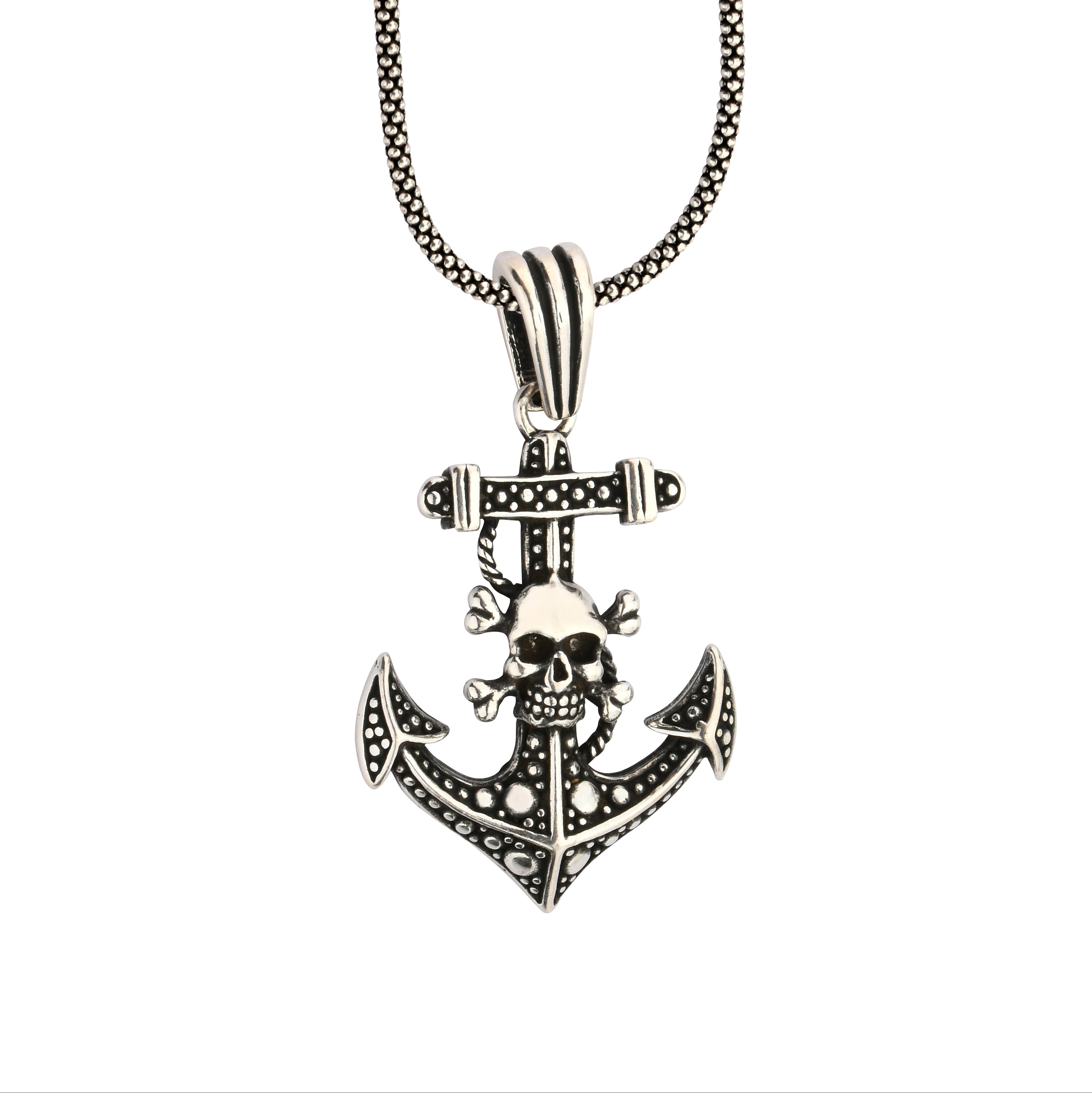 Silver anchor pendant necklace on a white background
