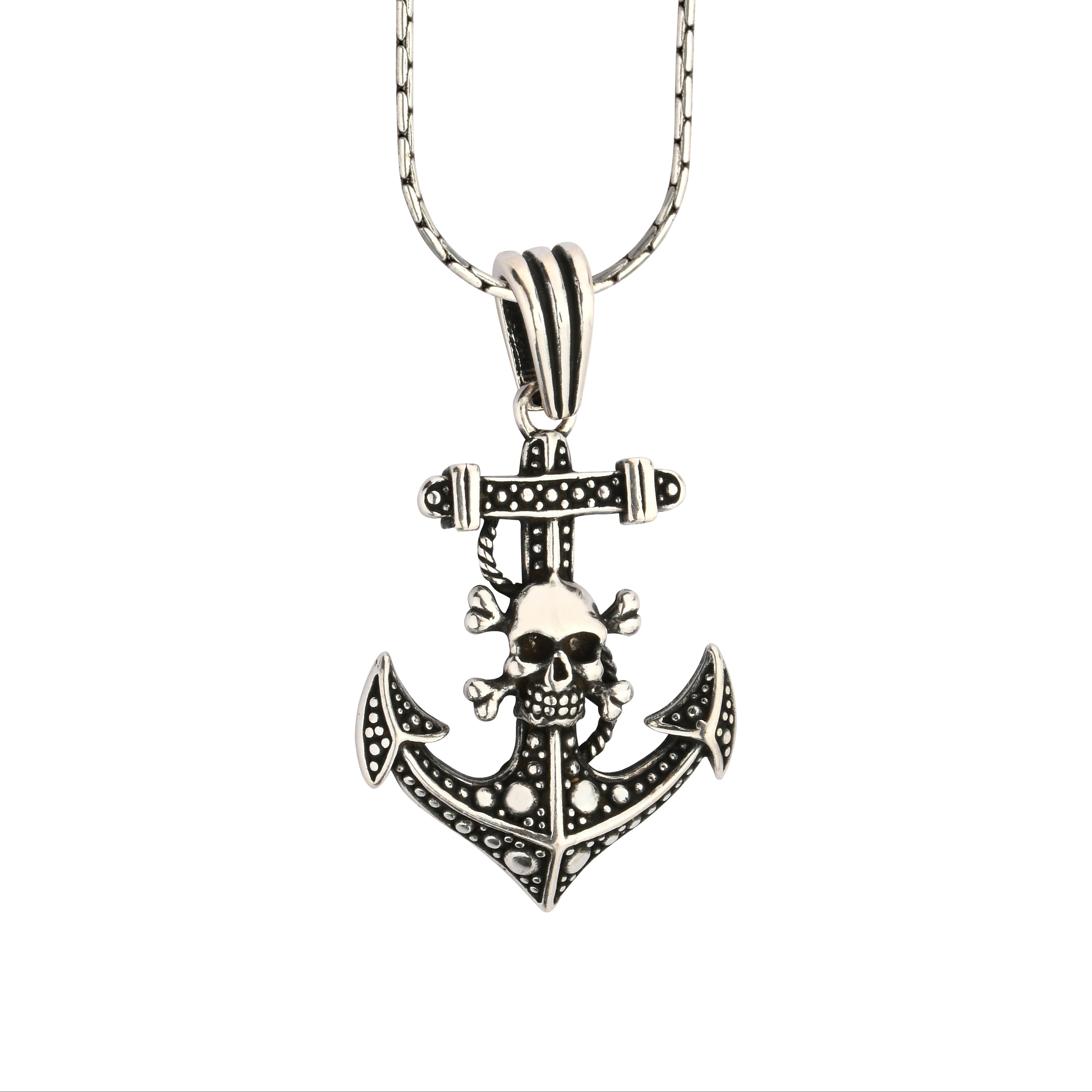 Silver anchor pendant necklace on a white background