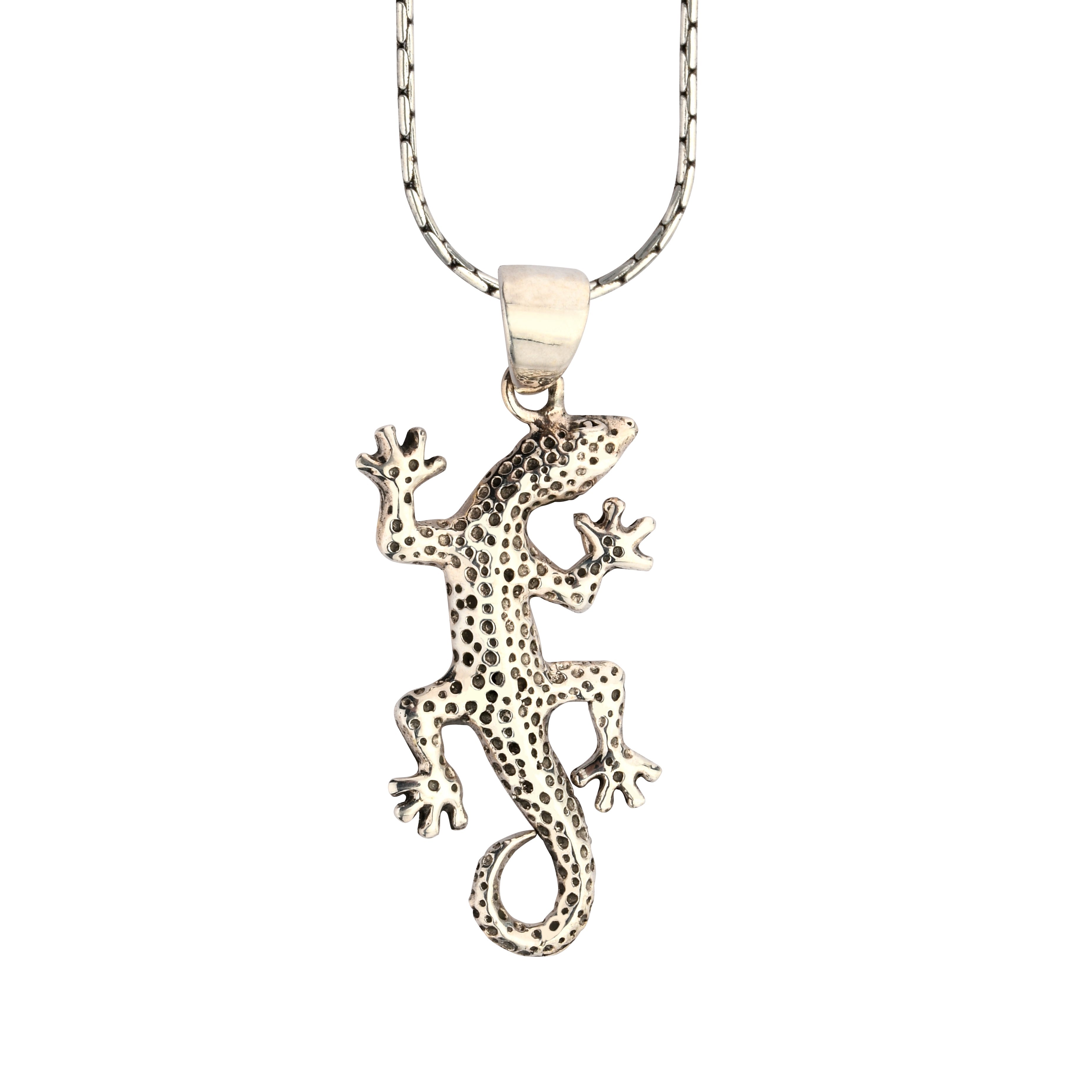 Silver lizard pendant on a chain against a white background