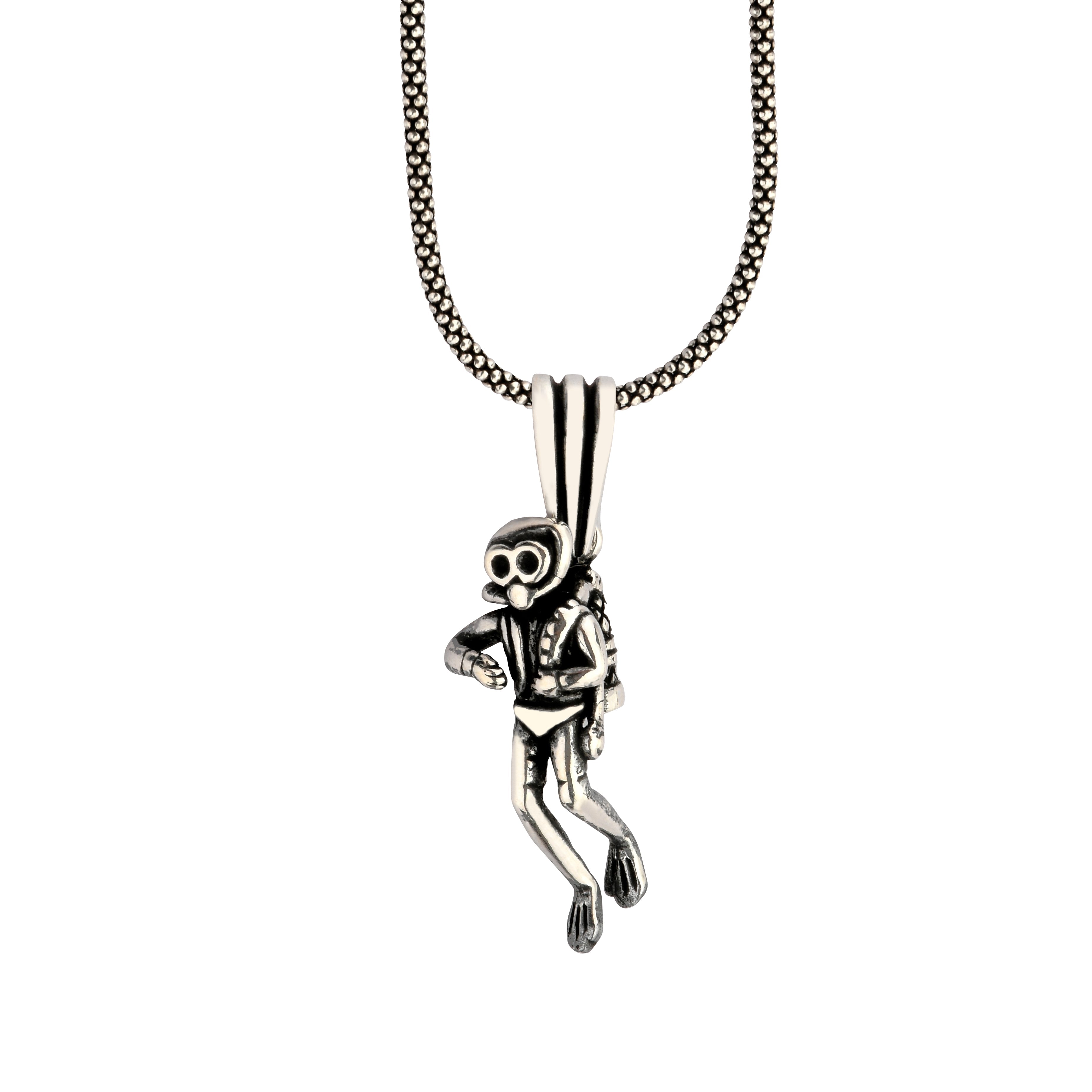 Silver monkey pendant on a chain against a white background