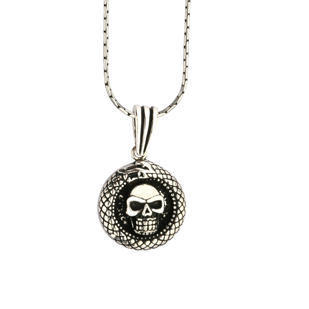 Skull pendant necklace on a white background