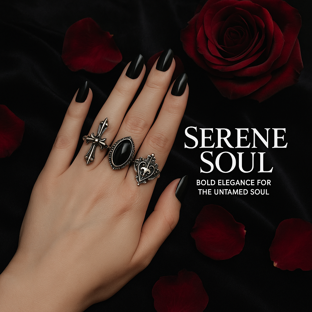 Hand wearing rings with a red rose and petals on a dark background, featuring the brand 'Serene Soul'.