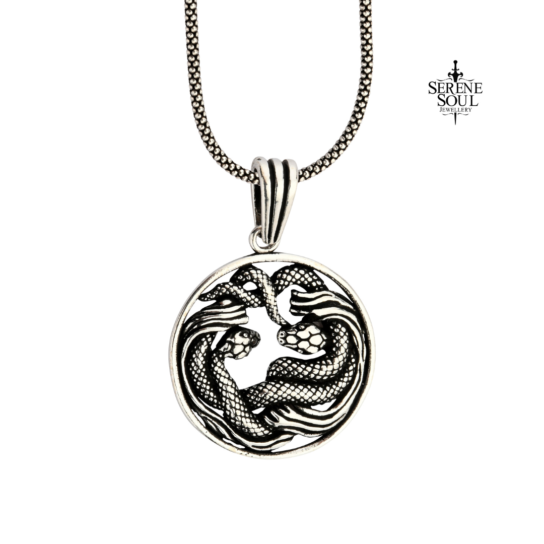 Twin Serpent Guardian Pendant Necklace – Oxidized 925 Sterling Silver