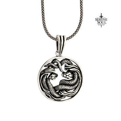 Twin Serpent Guardian Pendant Necklace – Oxidized 925 Sterling Silver