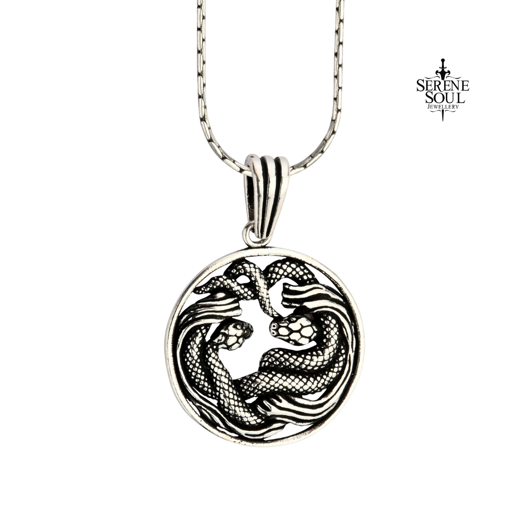 Twin Serpent Guardian Pendant Necklace – Oxidized 925 Sterling Silver